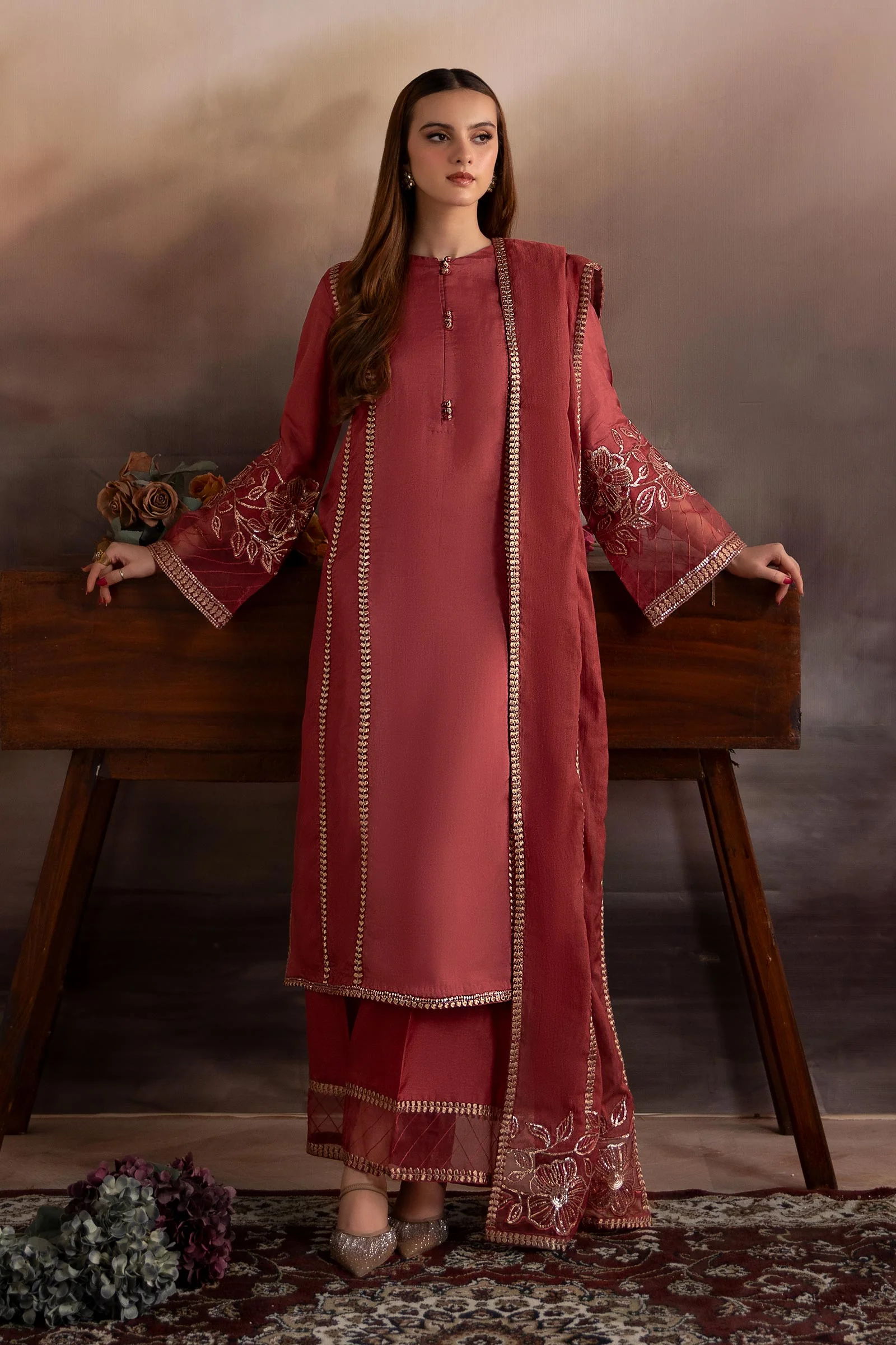 Maria-B Piece Embroidered Tassel Silk Suit - Image 2
