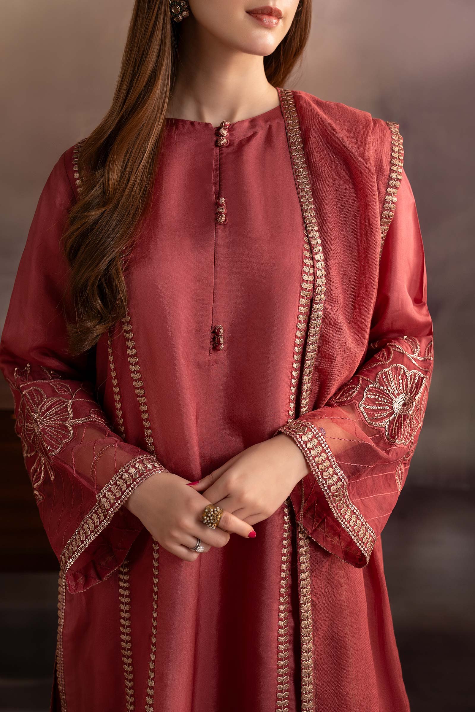 Maria-B Piece Embroidered Tassel Silk Suit - Image 3